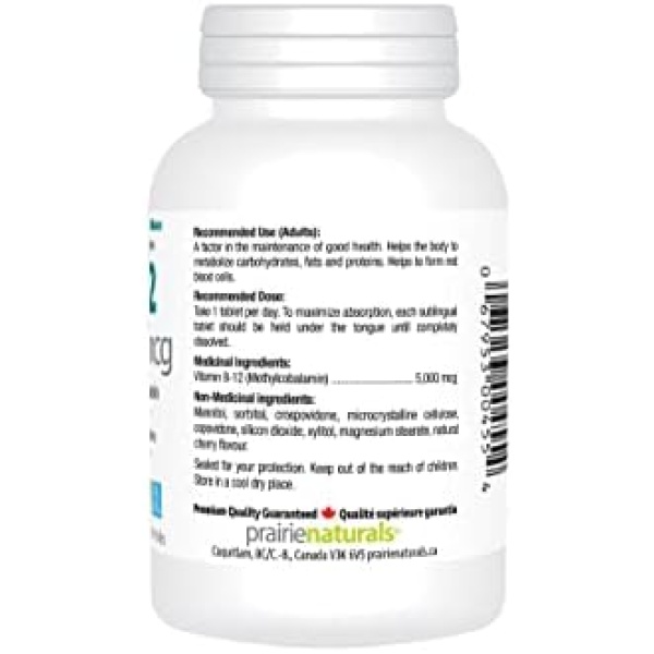 Prairie Naturals Sublingual B12 Methylcobalamin 5,000mcg & Folic Acid Tablet - Image 4