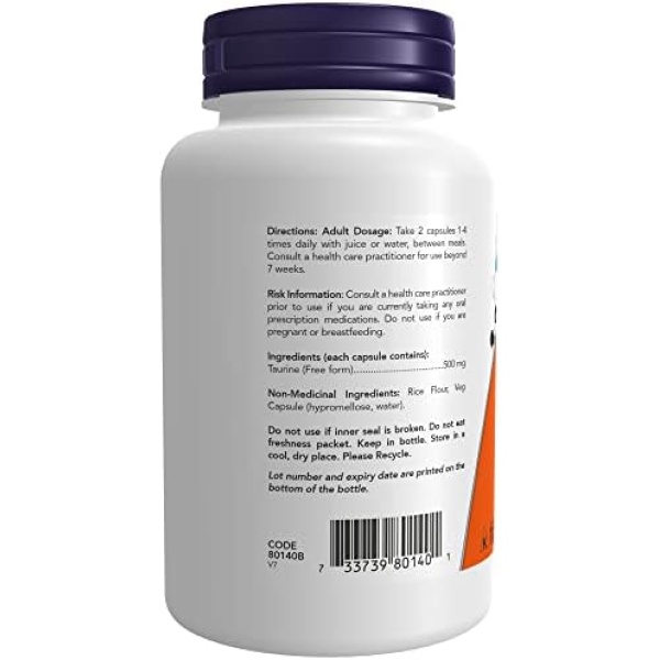 NOW - Taurine 500mg 100 Capsules - Image 6