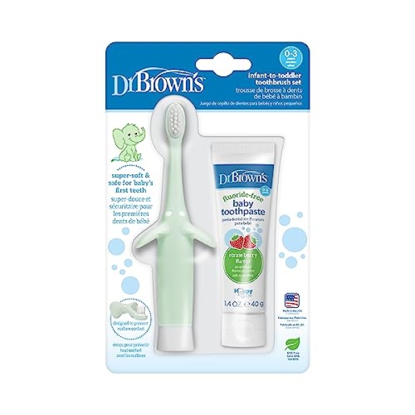 Dr. Brown's Infant-to-Toddler Training Toothbrush Set, Mint Elephant with - Image 2