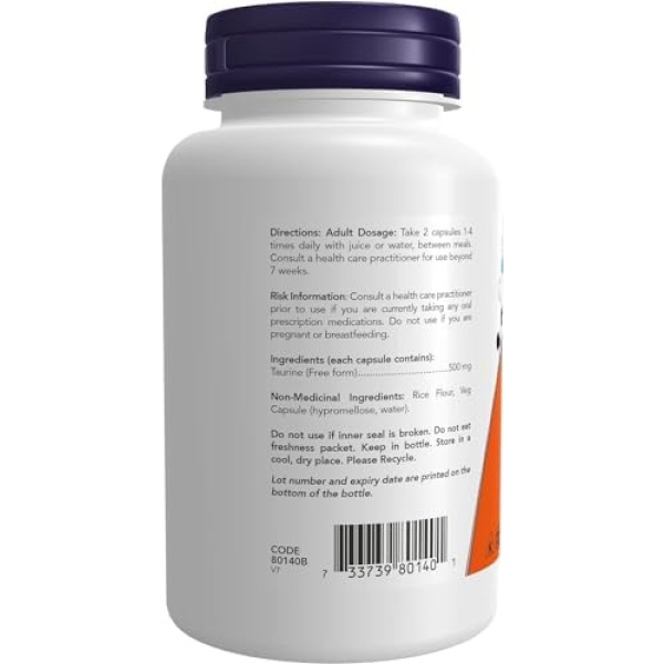 NOW - Taurine 500mg 100 Capsules - Image 3
