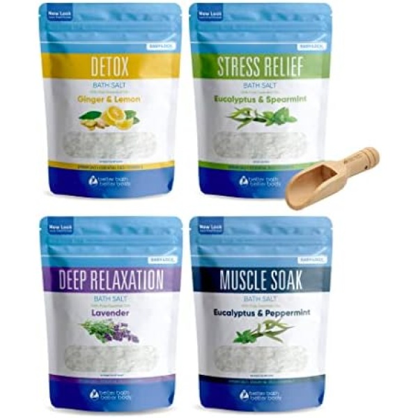 Bath Salts Sampler (4-Pack of 2-lbs) Variety Bath Soaks with Bamboo Scoop