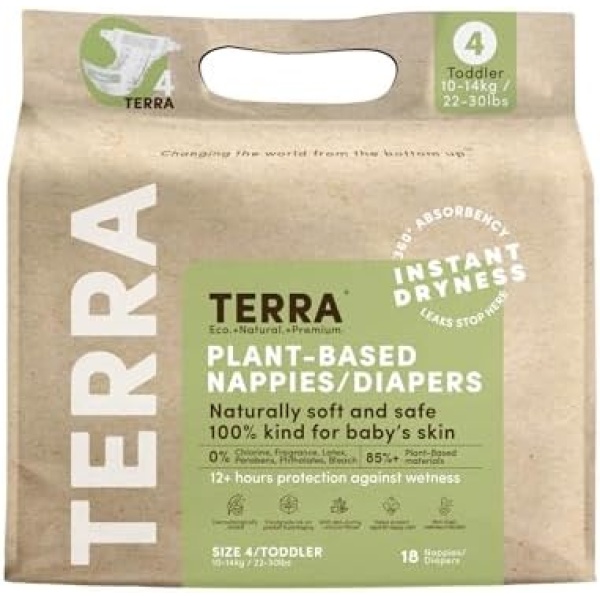 Terra Size 4 Diapers: 85% Plant-Based Diapers, Ultra-Soft & Chemical-Free for