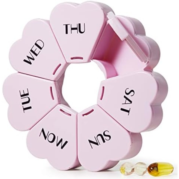 Cute Weekly Pill Box 7 Day, Heart Shaped Pill Case Organizer 1 time a Day