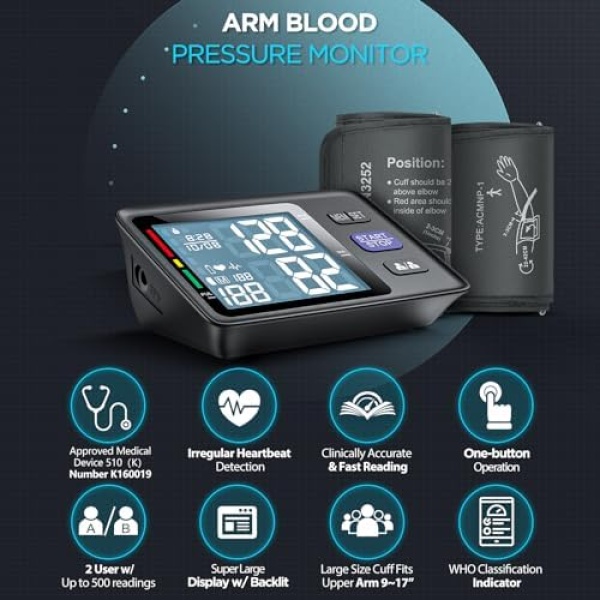 Blood Pressure Machine Upper Arm, 2 Size Cuffs M/L and XL, Medium/Large 9"-17" - Image 2