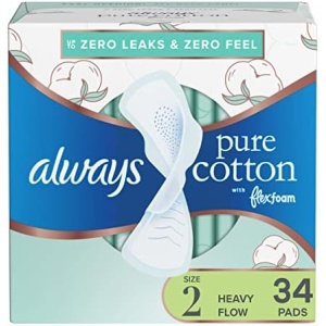 Always Pure Cotton Feminine Pads for Women, Size 2, Heavy Flow