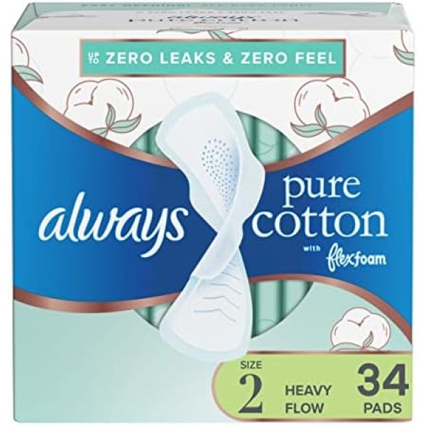 Always Pure Cotton Feminine Pads for Women, Size 2, Heavy Flow