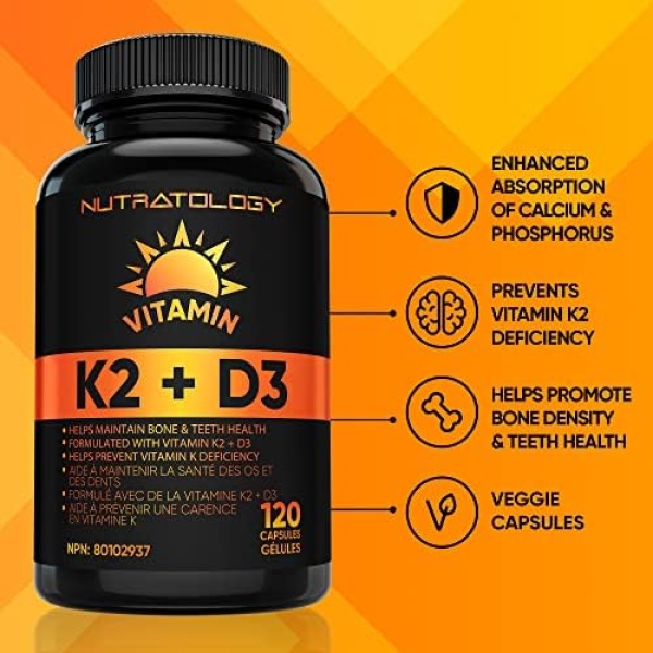 Vitamin K2 + D3 Highest Potency 120MCG/1000 IU - 120 Capsules - Helps Maintain - Image 2