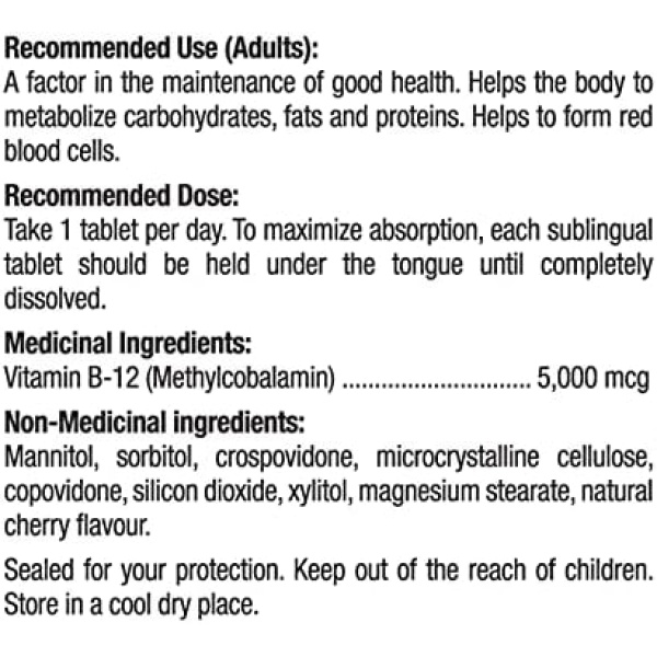 Prairie Naturals Sublingual B12 Methylcobalamin 5,000mcg & Folic Acid Tablet - Image 2
