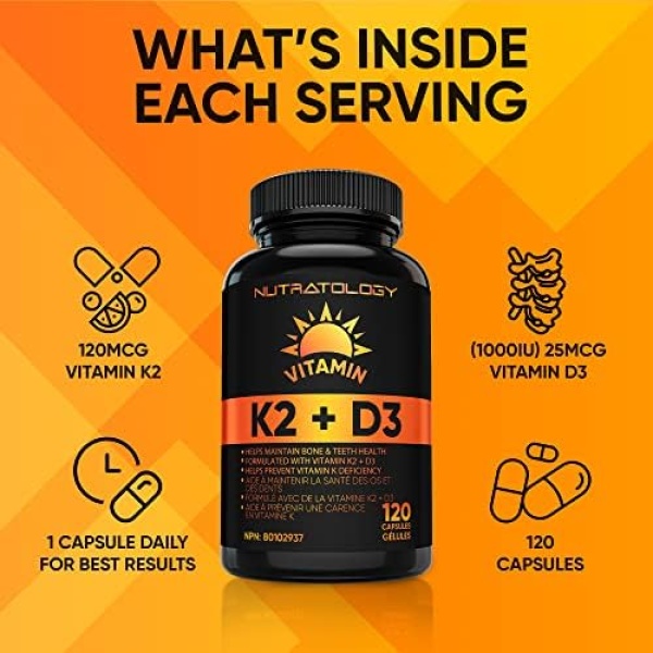 Vitamin K2 + D3 Highest Potency 120MCG/1000 IU - 120 Capsules - Helps Maintain - Image 3