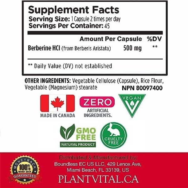PlantVital Berberine 500mg Supplement -90 Capsules. Berberine Supplements - Image 5