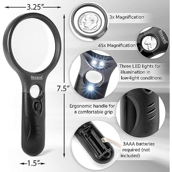 Professional Magnifying Glass with Light (3X / 45x) Large Lighted Handheld Glass - Image 3