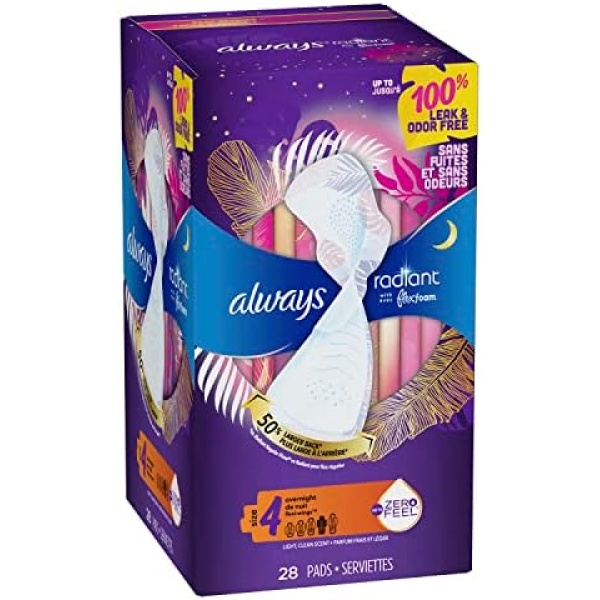 Always Radiant FlexFoam Pads for Women, Size 4, Overnight Absorbency, 100% Leak - Image 9