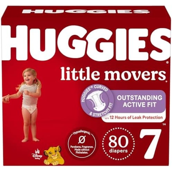 Huggies Size 7 Diapers, Little Movers Baby Diapers, Size 7 (41+ lbs), 80 Count