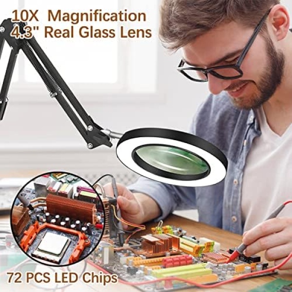 10X Lighted Magnifying Glass Lamp with 3 Color Modes, 72 LEDs and Real Glass - Image 2