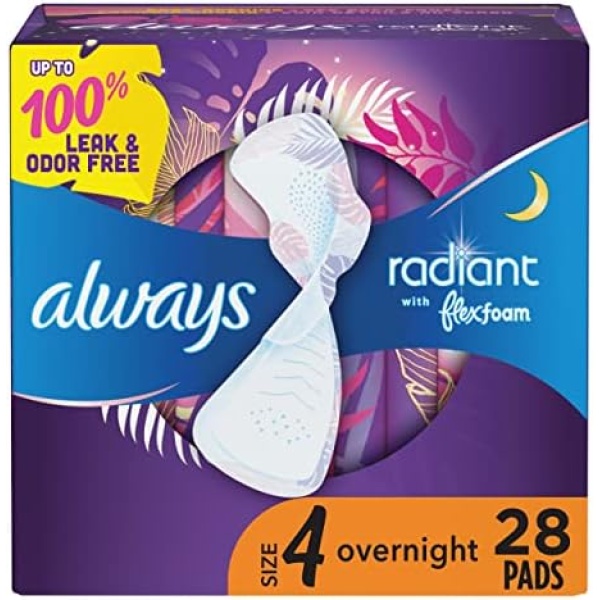Always Radiant FlexFoam Pads for Women, Size 4, Overnight Absorbency, 100% Leak