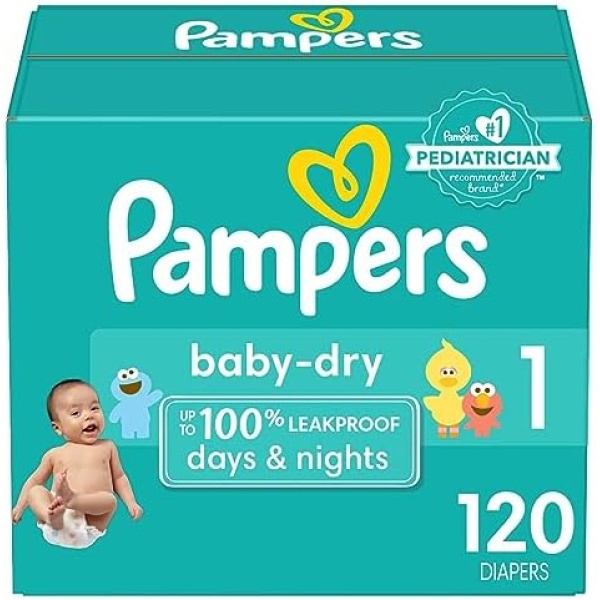 Pampers Baby Dry Diapers - Size 1, 120 Count, Absorbent Disposable Diapers