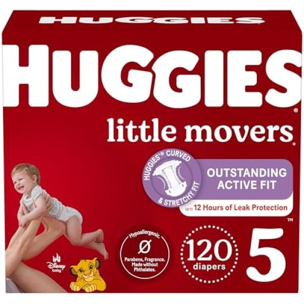 Huggies Size 5 Diapers, Little Movers Baby Diapers, Size 5 (27+ lbs), 120 Count