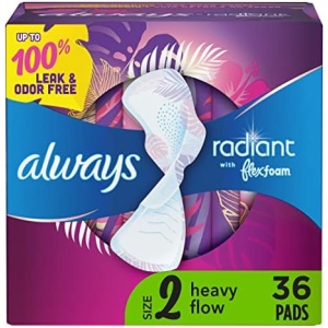 Always Radiant Feminine Pads for Women, Size 2 Heavy, with wings, scented