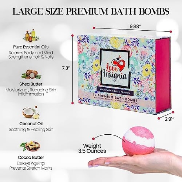 Love Insignia Bath Bombs for Women Relaxing – 12 Pcs Natural Bath Bomb Gift Set - Image 3